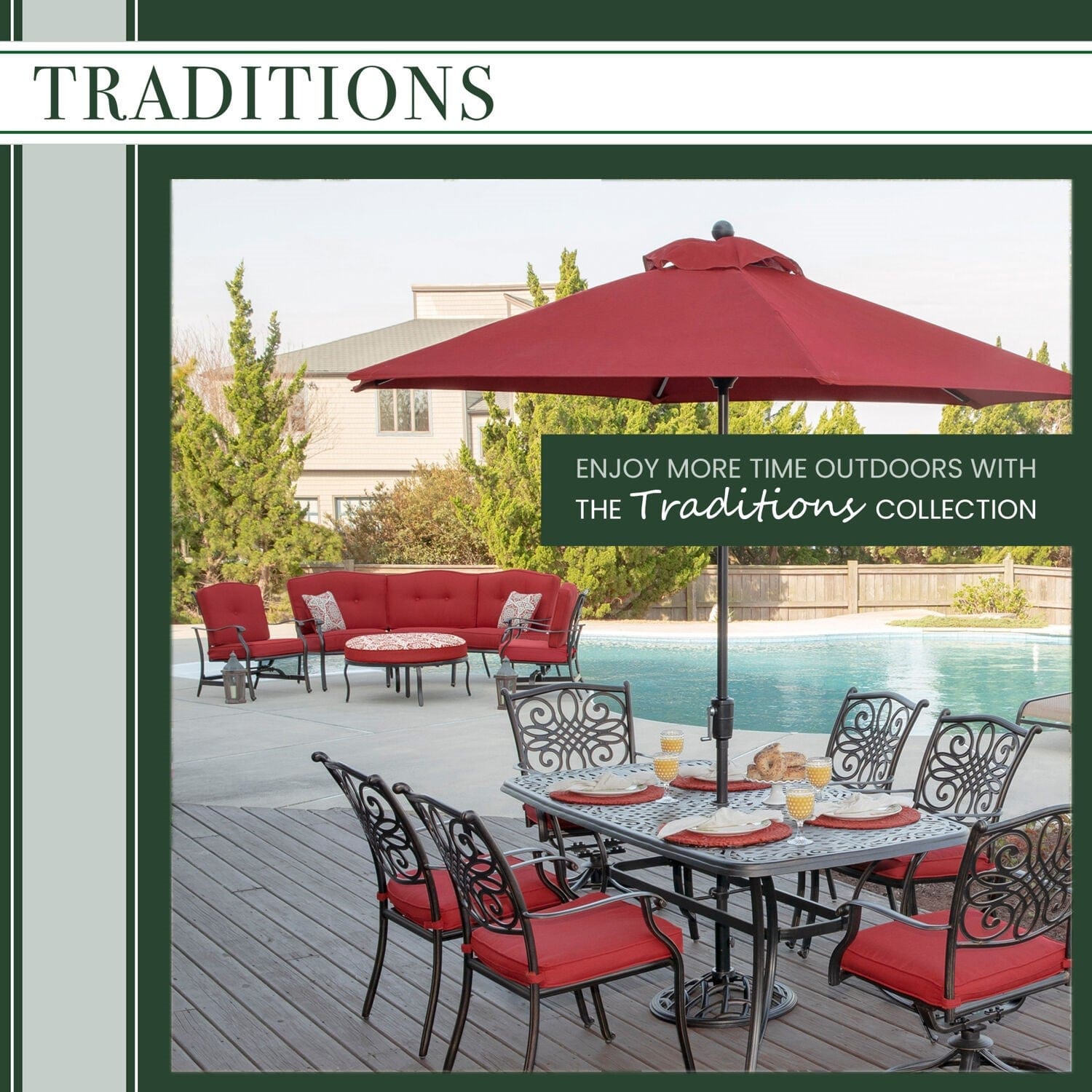 Hanover Outdoor Dining Set Hanover Traditions 3-Piece Dining Set in Red with 2 Wicker Back Swivel Rockers and 32 in. Round Cast-Top Table - TRADDNWB3PCSWC-RED