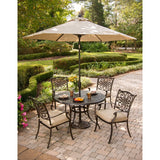 Hanover Outdoor Dining Set Hanover - Traditions 5 Pc. Dining Set of 4 Aluminum Cast Dining Chairs, 48 in. Round Table, and a Table Umbrella - TRADITIONS5PC-SU