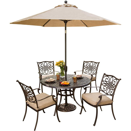 Hanover Outdoor Dining Set Hanover - Traditions 5 Pc. Dining Set of 4 Aluminum Cast Dining Chairs, 48 in. Round Table, and a Table Umbrella - TRADITIONS5PC-SU