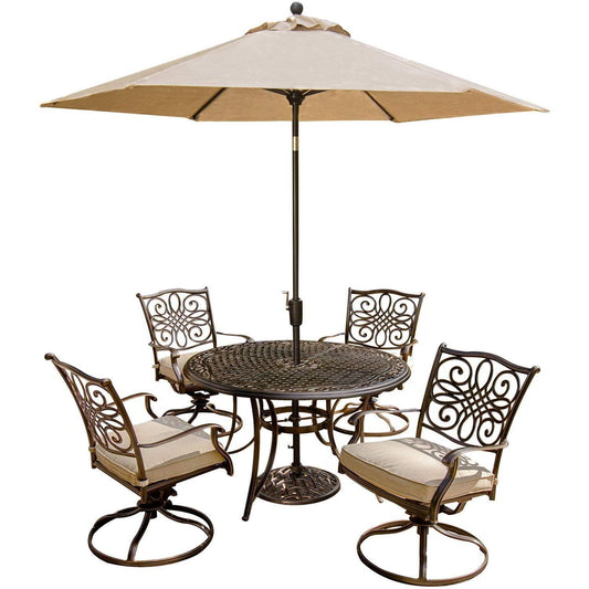 Hanover Outdoor Dining Set Hanover - Traditions 5 Pc. Dining Set of 4 Aluminum Cast Swivel Chairs, 48 in. Round Table, and a Table Umbrella - TRADITIONS5PCSW-SU