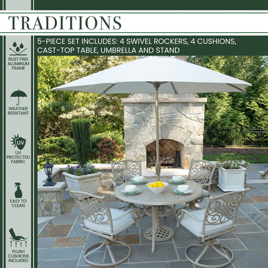 Hanover Outdoor Dining Set Hanover Traditions 5-Piece Aluminium Frame Dining Set with 4 Swivel Rockers and 48-in. Cast-top Table, 9-Ft. Umbrella and Stand in Sand Finish - TRADDNSD5PCSW4-BE-SU
