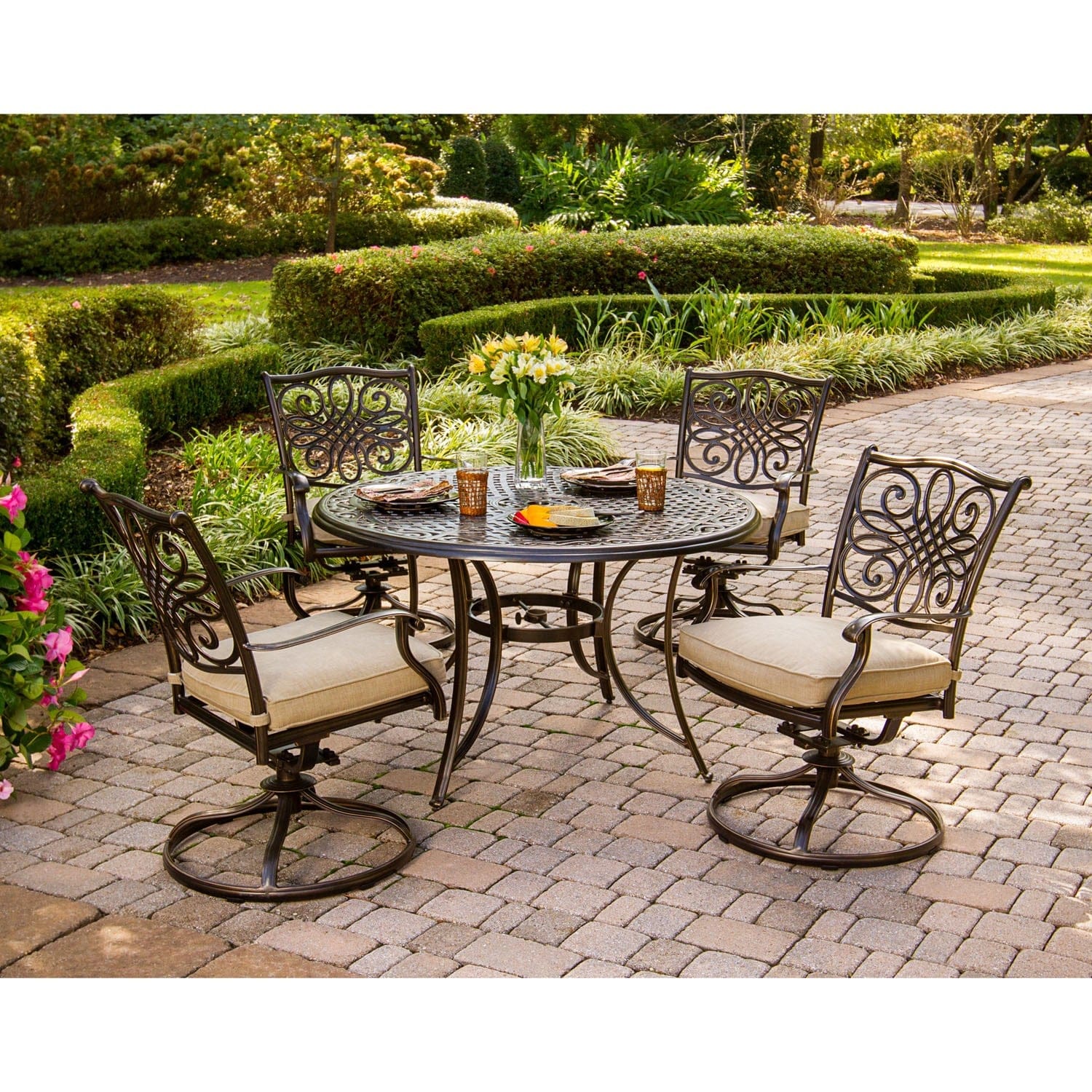 Hanover Outdoor Dining Set Hanover - Traditions 5-Piece Aluminium Frame Dining Set with Four Swivel Rockers and a 48 in. Round Table - TRADITIONS5PCSW