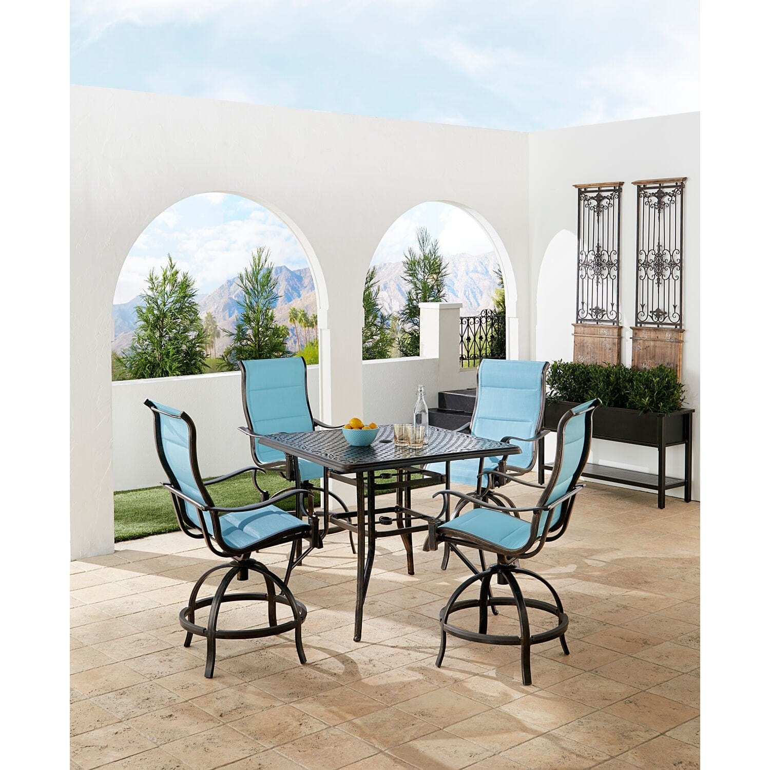 Hanover Outdoor Dining Set Hanover Traditions 5-Piece Aluminium Frame High-Dining Set in Blue with 4 Padded Swivel Counter-Height Chairs and 42-in. Cast-top Table | TRADDN5PCPDSQBR-BLU