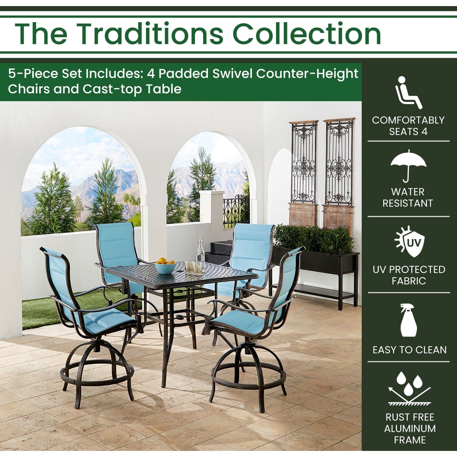 Hanover Outdoor Dining Set Hanover Traditions 5-Piece Aluminium Frame High-Dining Set in Blue with 4 Padded Swivel Counter-Height Chairs and 42-in. Cast-top Table | TRADDN5PCPDSQBR-BLU