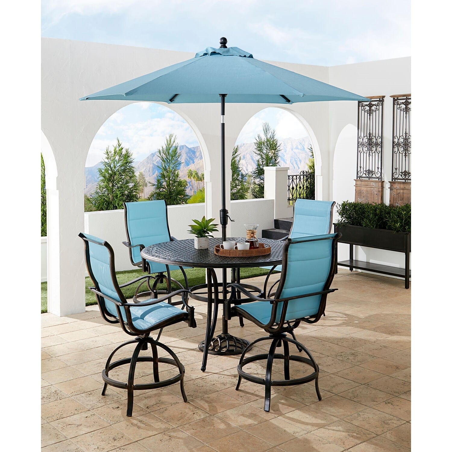 Hanover Outdoor Dining Set Hanover Traditions 5-Piece Aluminium Frame High-Dining Set in Blue with 4 Swivel Counter-Height Chairs, 56-in. Table, and 9-ft. Umbrella | TRADDN5PCPDBR-SU-B