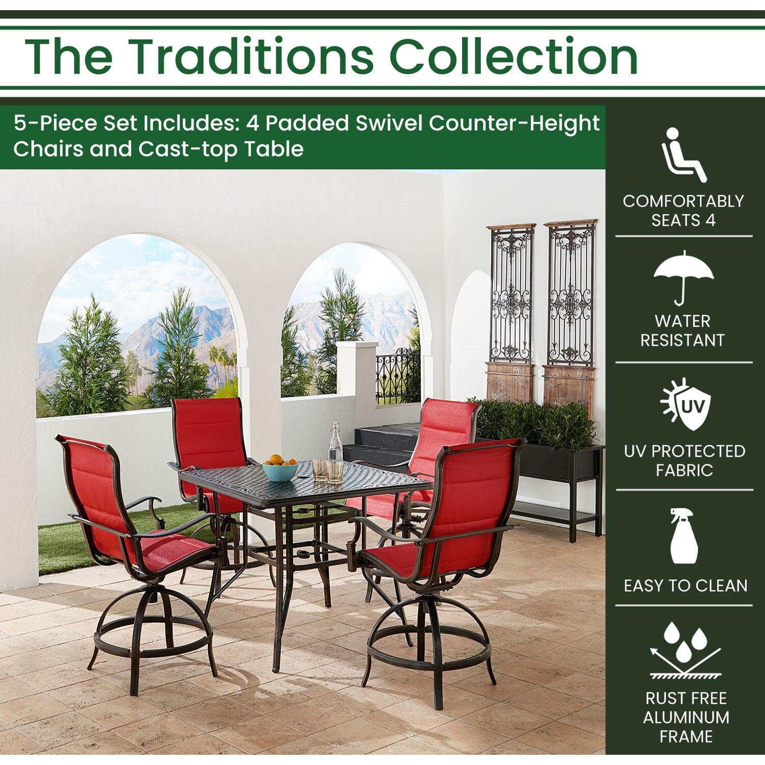 Hanover Outdoor Dining Set Hanover Traditions 5-Piece Aluminium Frame High-Dining Set in Red with 4 Padded Swivel Counter-Height Chairs and 42-in. Cast-top Table | TRADDN5PCPDSQBR-RED