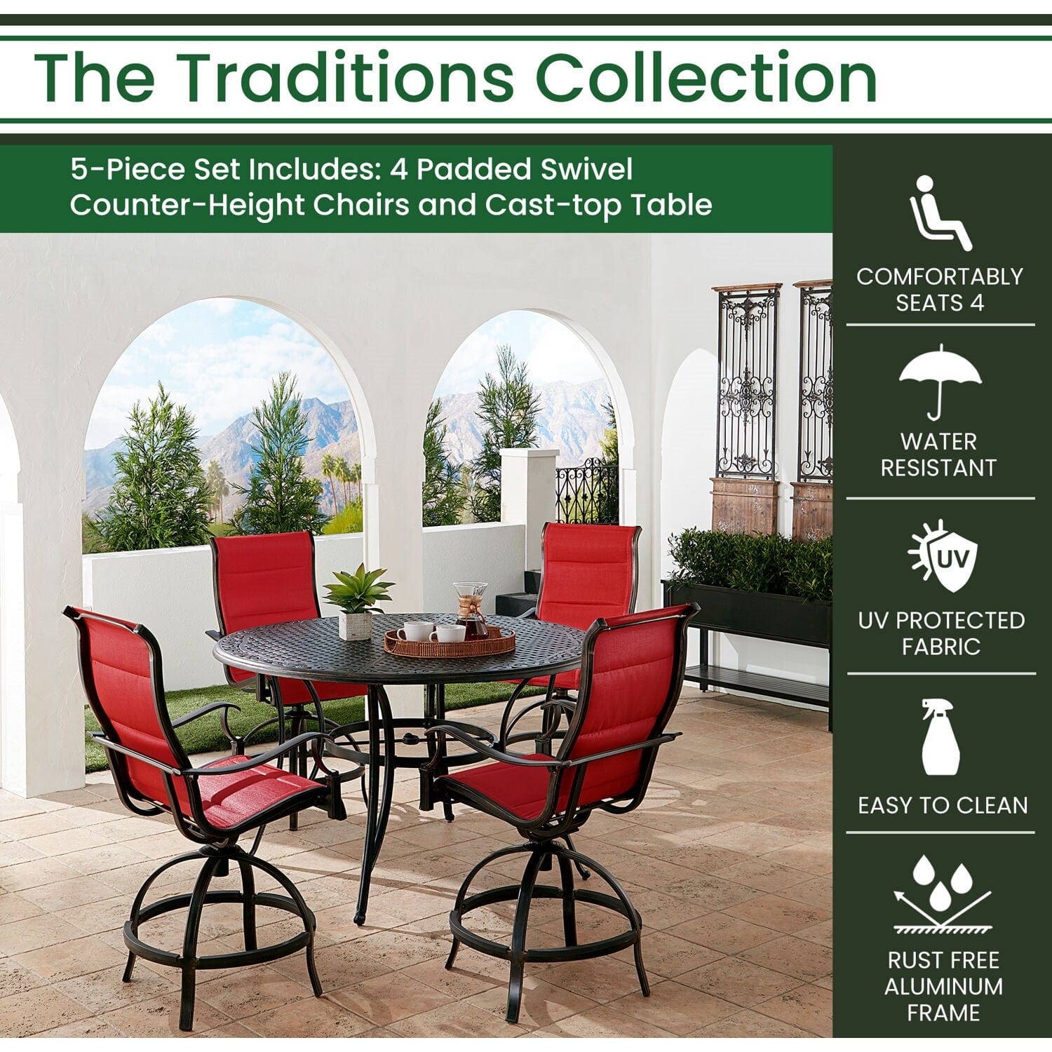 Hanover Outdoor Dining Set Hanover Traditions 5-Piece Aluminium Frame High-Dining Set in Red with 4 Padded Swivel Counter-Height Chairs and 56-in. Cast-top Table | TRADDN5PCPDBR-RED
