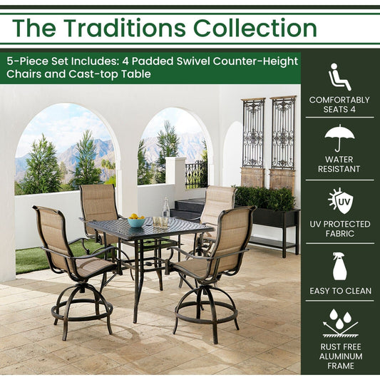 Hanover Outdoor Dining Set Hanover Traditions 5-Piece Aluminium Frame High-Dining Set in Tan with 4 Padded Swivel Counter-Height Chairs and 42-in. Cast-top Table | TRADDN5PCPDSQBR-TAN