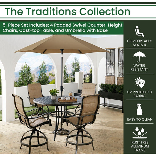 Hanover Outdoor Dining Set Hanover Traditions 5-Piece Aluminium Frame High-Dining Set in Tan with 4 Swivel Counter-Height Chairs, 56-in. Table, and 9-ft. Umbrella |  TRADDN5PCPDBR-SU-T