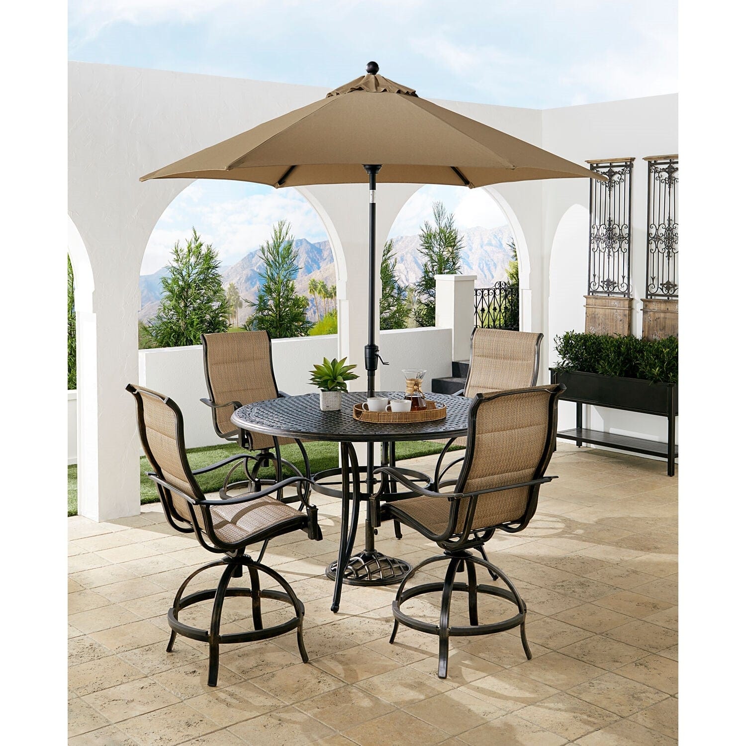 Hanover Outdoor Dining Set Hanover Traditions 5-Piece Aluminium Frame High-Dining Set in Tan with 4 Swivel Counter-Height Chairs, 56-in. Table, and 9-ft. Umbrella |  TRADDN5PCPDBR-SU-T