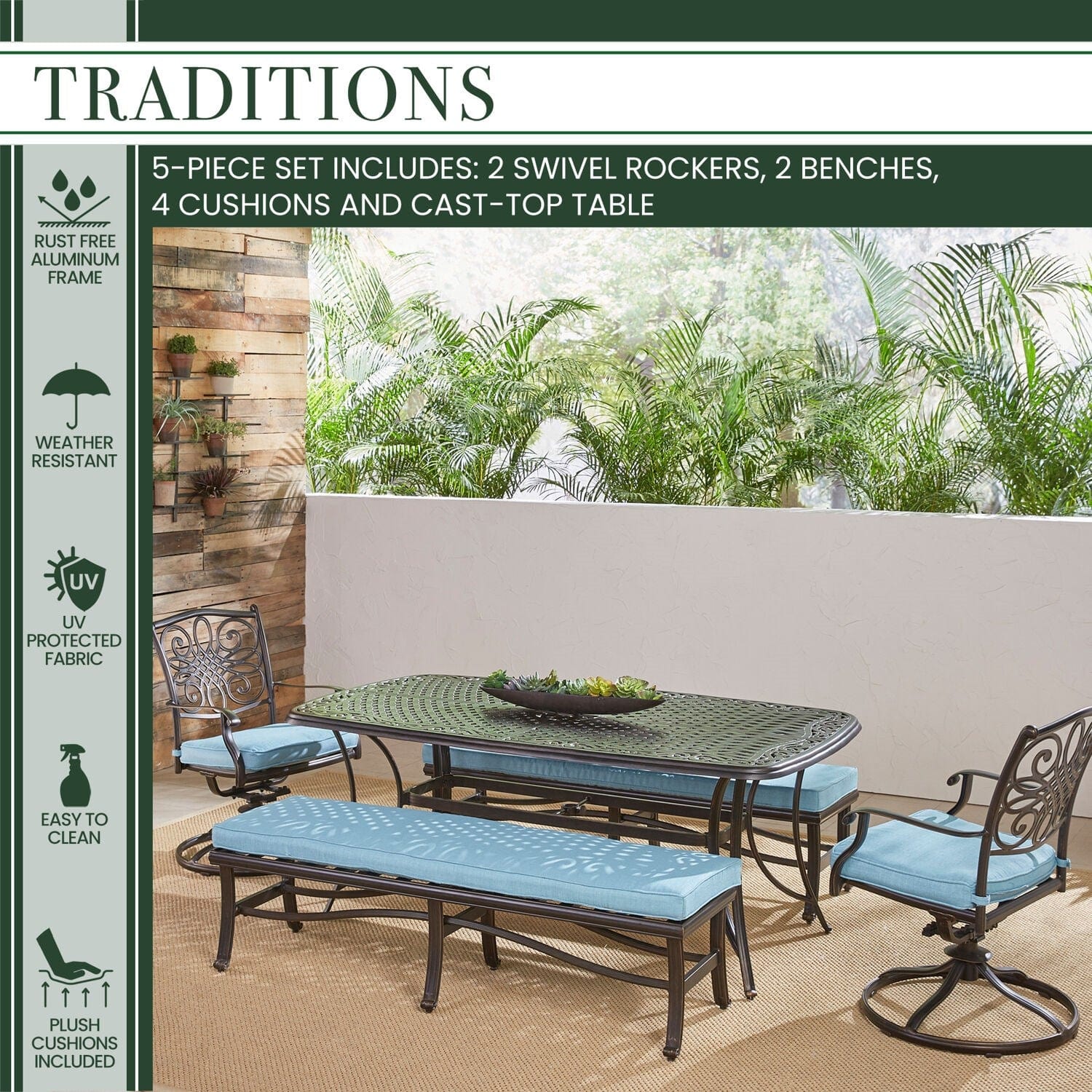 Hanover Outdoor Dining Set Hanover - Traditions 5-Piece Aluminium Frame Patio Dining Set in Blue with 2 Swivel Rockers, 2 Cushioned Benches, and a 38" x 72" Cast-Top Dining Table | TRADDN5PCSW2BN-BLU