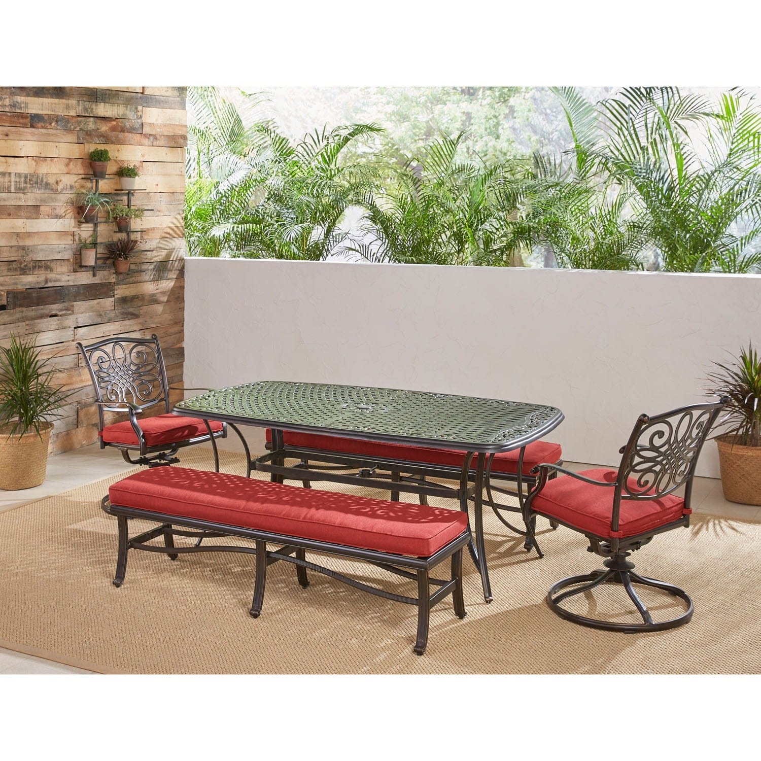 Hanover Outdoor Dining Set Hanover - Traditions 5-Piece Aluminium Frame Patio Dining Set in Red with 2 Swivel Rockers, 2 Cushioned Benches, and a 38" x 72" Cast-Top Dining Table | TRADDN5PCSW2BN-RED
