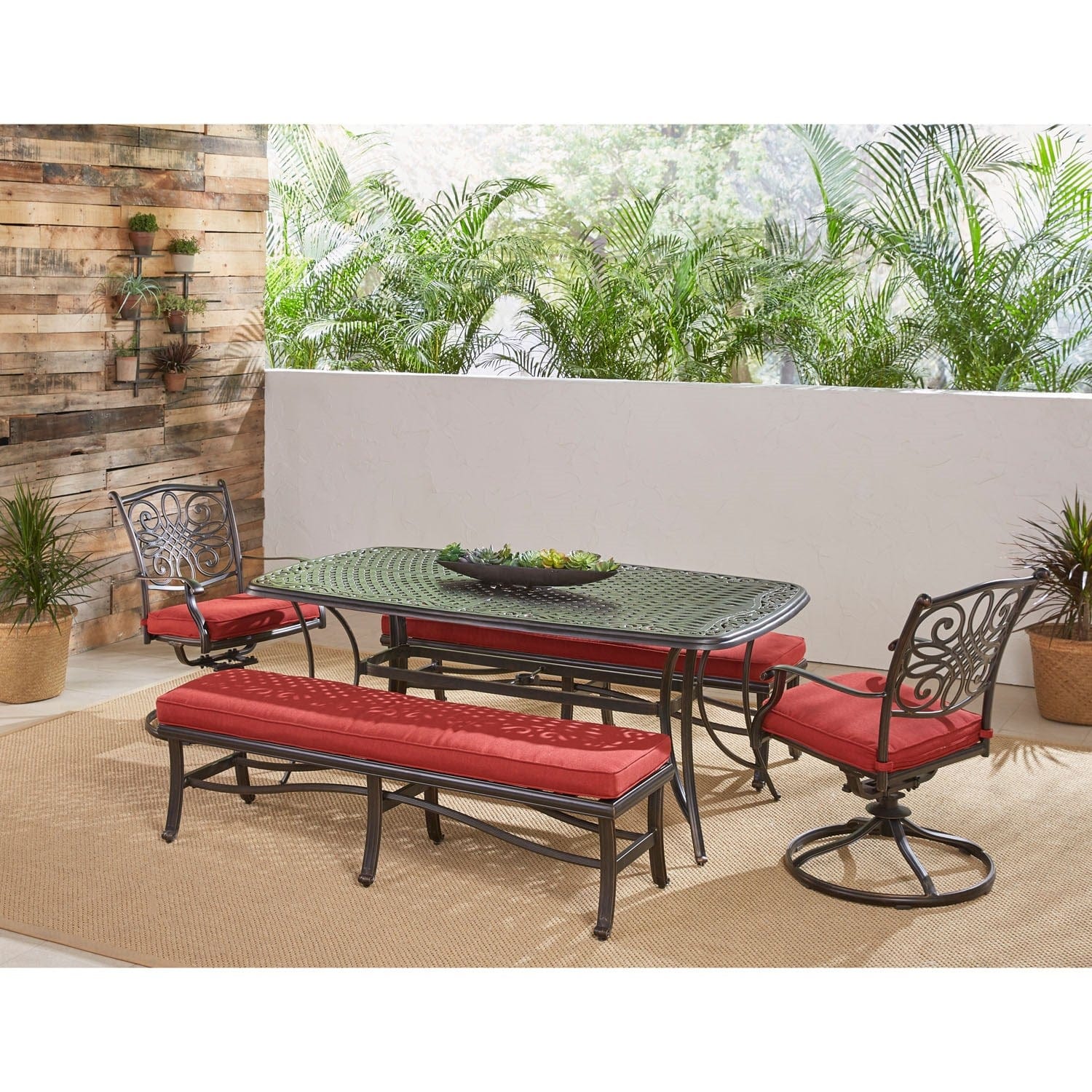 Hanover Outdoor Dining Set Hanover - Traditions 5-Piece Aluminium Frame Patio Dining Set in Red with 2 Swivel Rockers, 2 Cushioned Benches, and a 38" x 72" Cast-Top Dining Table | TRADDN5PCSW2BN-RED