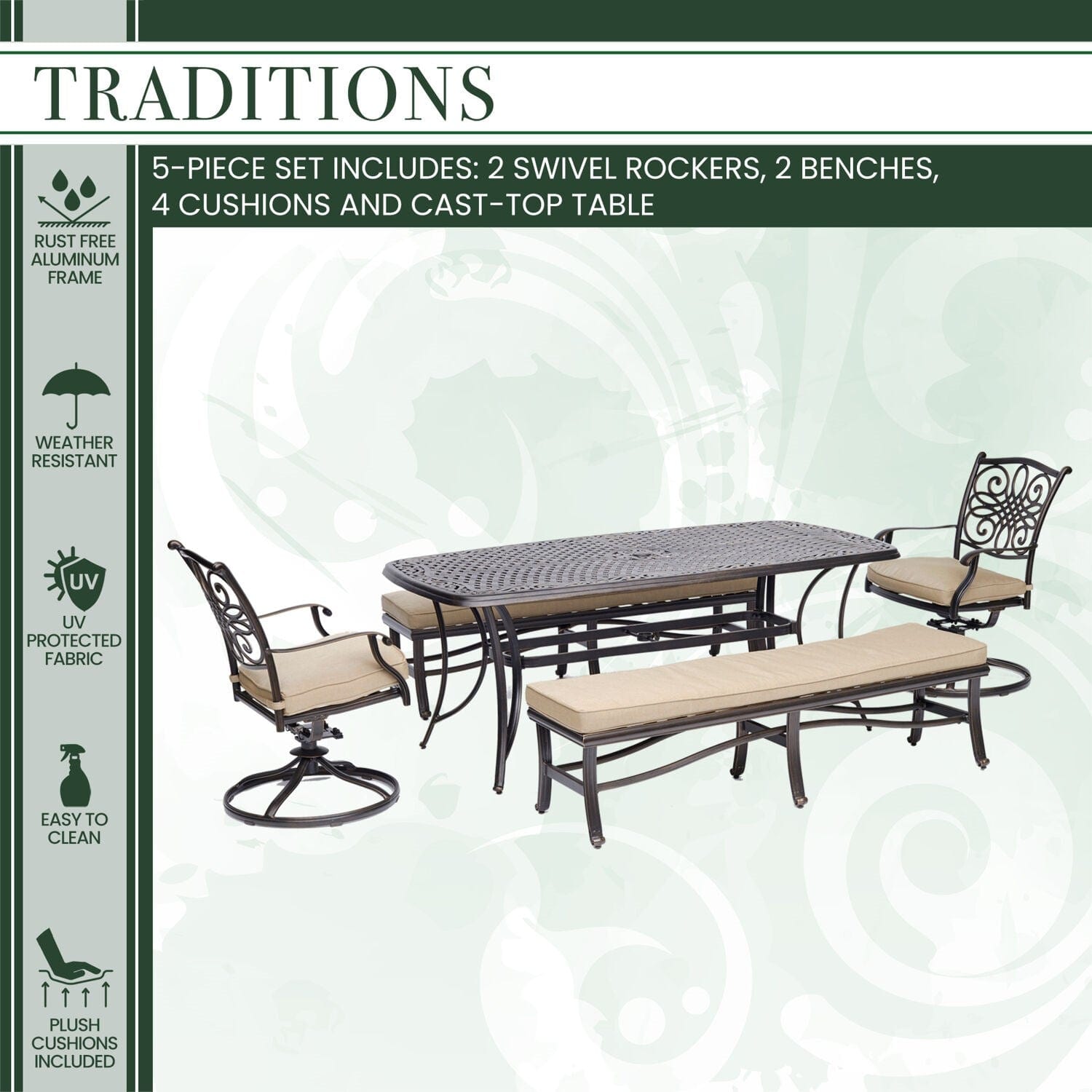 Hanover Outdoor Dining Set Hanover - Traditions 5-Piece Aluminium Frame Patio Dining Set in Tan with 2 Swivel Rockers, 2 Cushioned Benches, and a 38" x 72" Cast-Top Dining Table | TRADDN5PCSW2BN-TAN