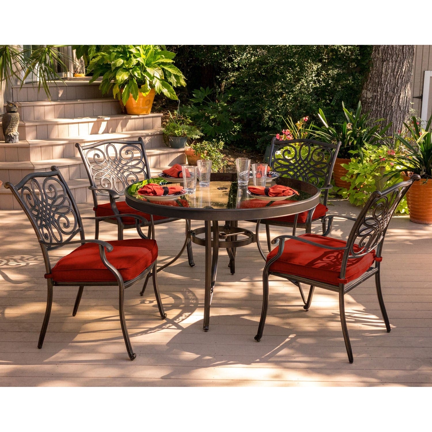 Hanover Outdoor Dining Set Hanover Traditions 5-Piece Aluminum Frame Dining Set in Red with 48 In. Glass-top Table | TRADDN5PCG-RED