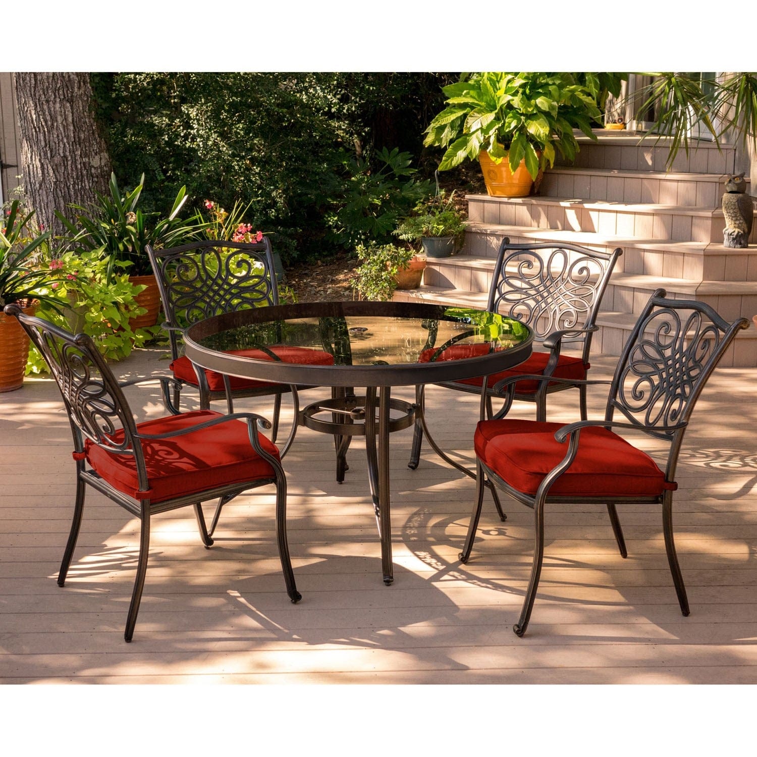 Hanover Outdoor Dining Set Hanover Traditions 5-Piece Aluminum Frame Dining Set in Red with 48 In. Glass-top Table | TRADDN5PCG-RED