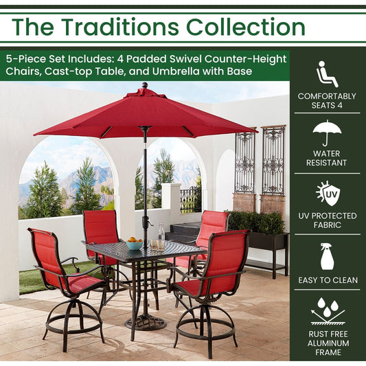 Hanover Outdoor Dining Set Hanover Traditions 5-Piece Aluminum Frame High-Dining Set in Red with 4 Swivel Counter-Height Chairs, 42-in. Table, and 9-ft Umbrella | TRADDN5PCPDSQBR-SU-R