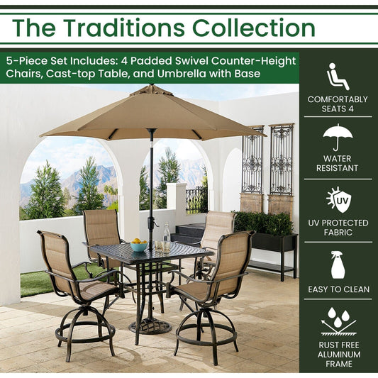 Hanover Outdoor Dining Set Hanover Traditions 5-Piece Aluminum Frame High-Dining Set in Tan with 4 Swivel Counter-Height Chairs, 42-in. Table, and 9-ft Umbrella | TRADDN5PCPDSQBR-SU-T