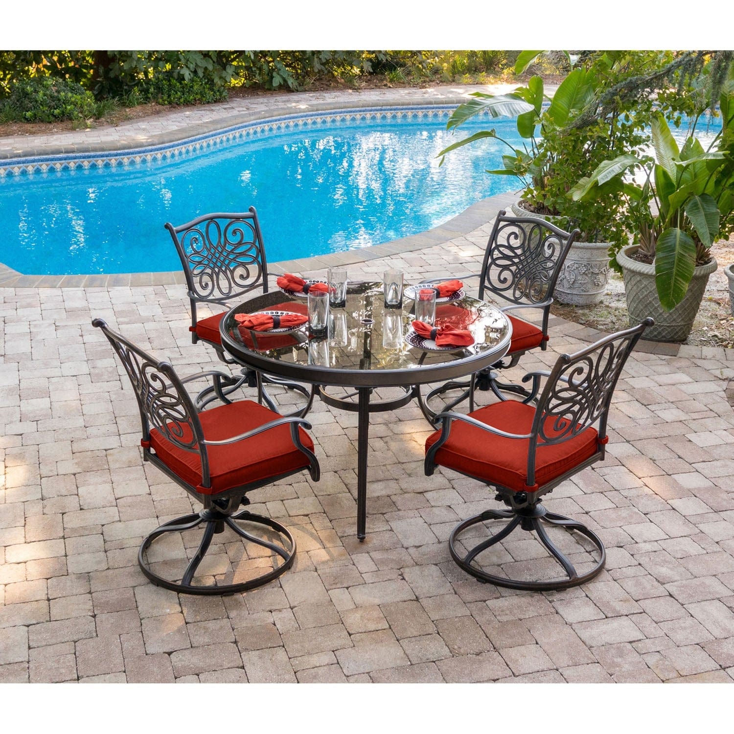 Hanover Outdoor Dining Set Hanover -Traditions 5-Piece Dining Set Aluminum Frame in Red with a 48 In. Glass-top Table | TRADDN5PCSWG-RED
