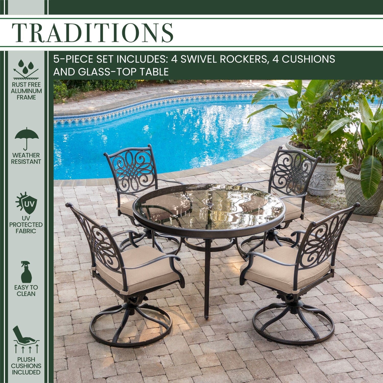 Hanover Outdoor Dining Set Hanover Traditions 5-Piece Dining Set in Aluminum Frame Tan with 48 In. Glass-top Table |TRADDN5PCSWG
