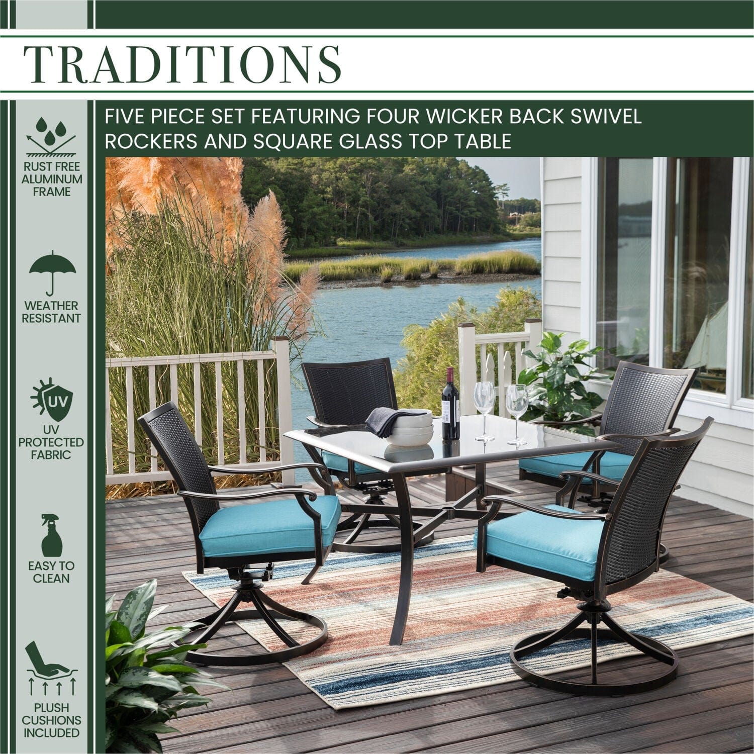 Hanover Outdoor Dining Set Hanover Traditions 5-Piece Dining Set in Blue with 4 Wicker Back Swivel Rockers and 42 in. Glass-Top Table