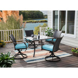Hanover Outdoor Dining Set Hanover Traditions 5-Piece Dining Set in Blue with 4 Wicker Back Swivel Rockers and 42 in. Glass-Top Table