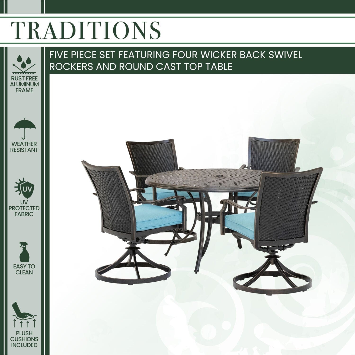 Hanover Outdoor Dining Set Hanover Traditions 5-Piece Dining Set in Blue with 4 Wicker Back Swivel Rockers and 48 in. Cast-Top Table