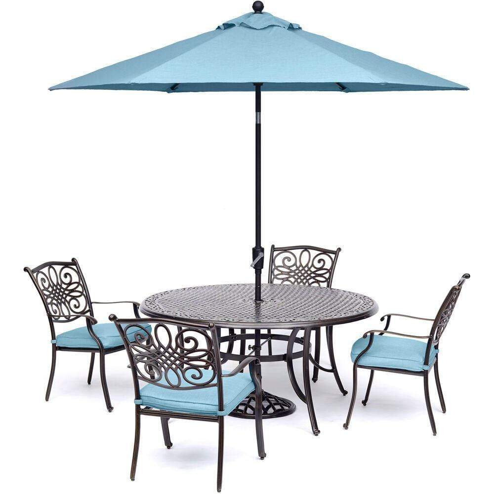 Hanover Outdoor Dining Set Hanover - Traditions 5-Piece Dining Set in Blue with Table Umbrella and Stand - TRADDN5PC-B-SU