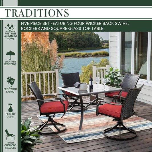 Hanover Outdoor Dining Set Hanover Traditions 5-Piece Dining Set in Red with 4 Wicker Back Swivel Rockers and 42 in. Glass-Top Table