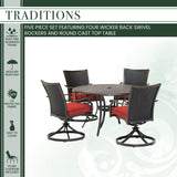Hanover Outdoor Dining Set Hanover Traditions 5-Piece Dining Set in Red with 4 Wicker Back Swivel Rockers and 48 in. Cast-Top Table