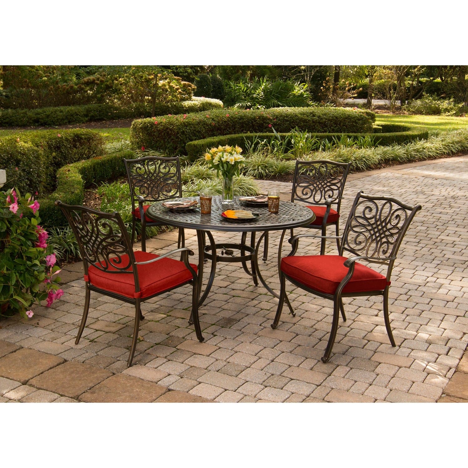 Hanover Outdoor Dining Set Hanover Traditions 5-Piece Dining Set in Red with 48 In. Cast-top Table and Four Dining Chairs | TRADDN5PC-RED
