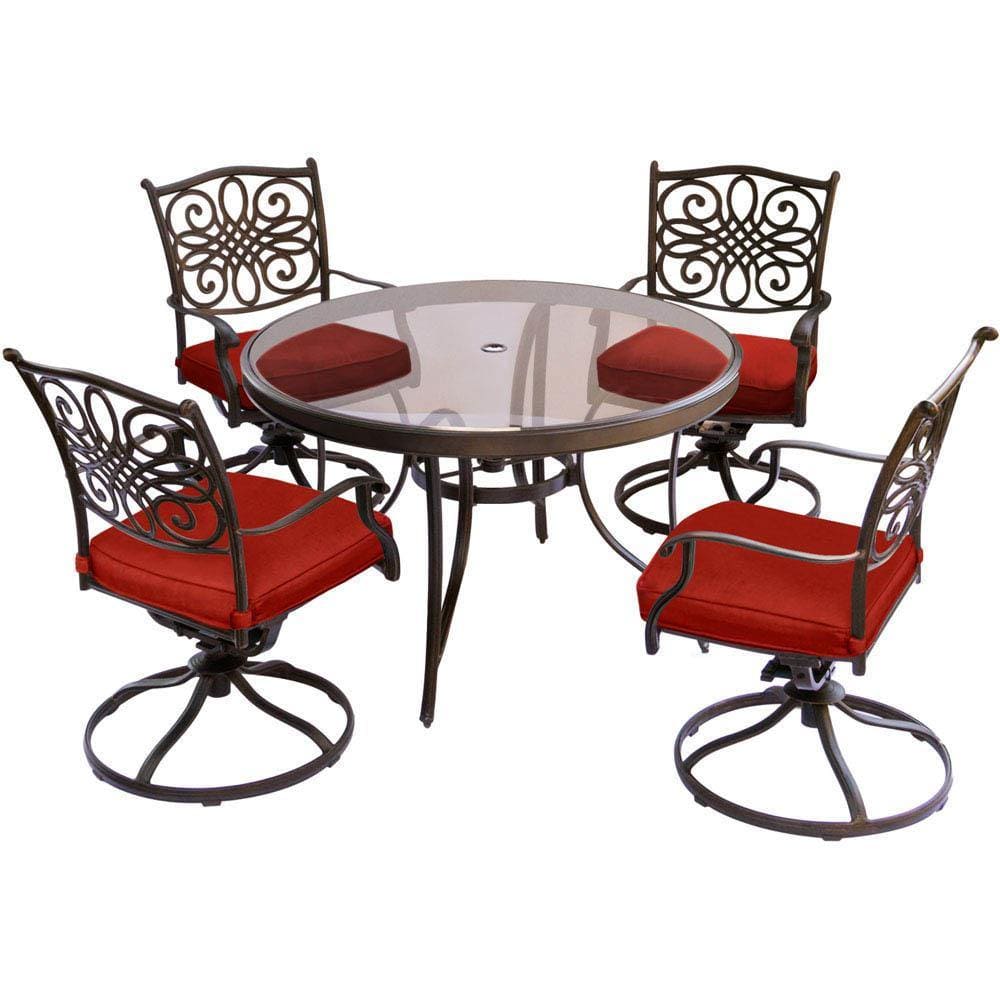 Hanover Outdoor Dining Set Hanover Traditions 5-Piece Dining Set in Red with a 48 In. Glass-top Table