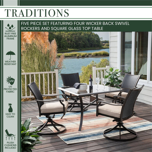 Hanover Outdoor Dining Set Hanover Traditions 5-Piece Dining Set in Tan with 4 Wicker Back Swivel Rockers and 42 in. Glass-Top Table