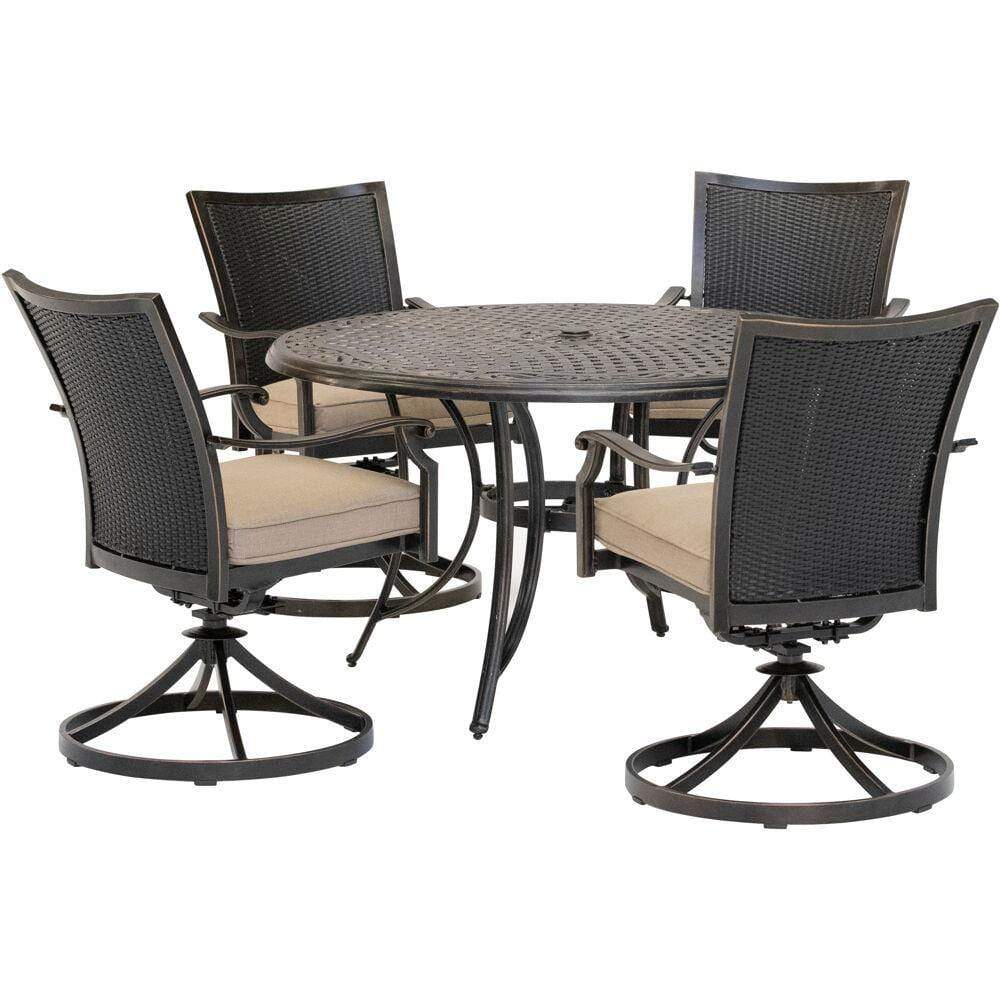 Hanover Outdoor Dining Set Hanover Traditions 5-Piece Dining Set in Tan with 4 Wicker Back Swivel Rockers and 48 in. Cast-Top Table