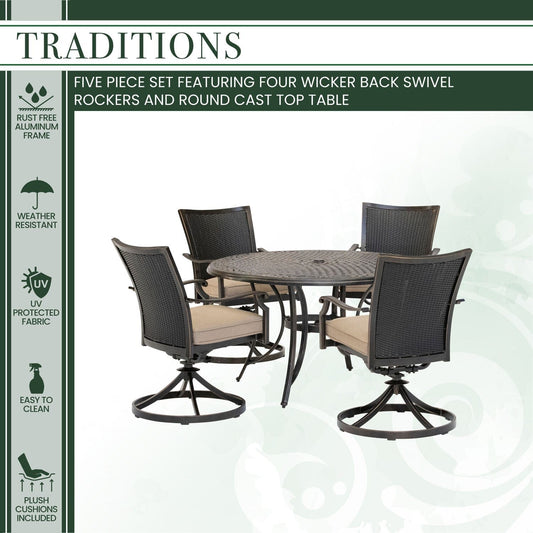 Hanover Outdoor Dining Set Hanover Traditions 5-Piece Dining Set in Tan with 4 Wicker Back Swivel Rockers and 48 in. Cast-Top Table