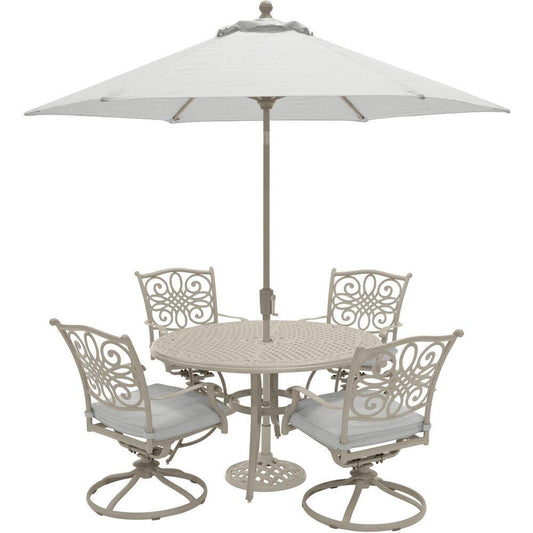 Hanover Outdoor Dining Set Hanover Traditions 5-Piece Dining Set with 4 Swivel Rockers and 48-in. Cast-top Table, 9-Ft. Umbrella and Stand in Sand Finish - TRADDNSD5PCSW4-BE-SU
