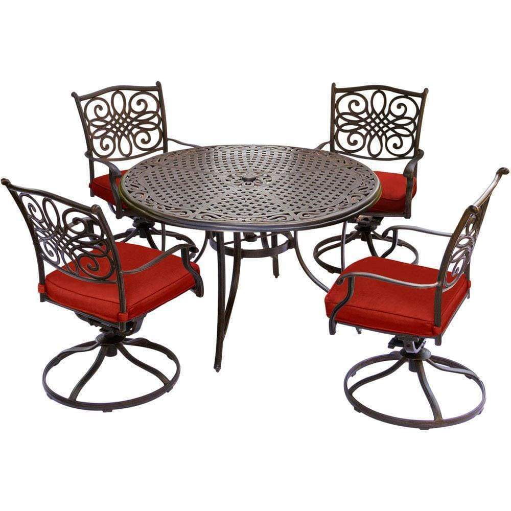 Hanover Outdoor Dining Set Hanover Traditions 5-Piece Dining Set with Four Swivel Rockers in Red and a 48 In. Cast-top Table