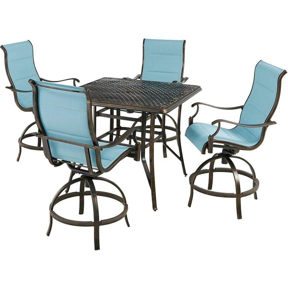 Hanover Outdoor Dining Set Hanover Traditions 5-Piece High-Dining Set in Blue with 4 Padded Swivel Counter-Height Chairs and 42-in. Cast-top Table