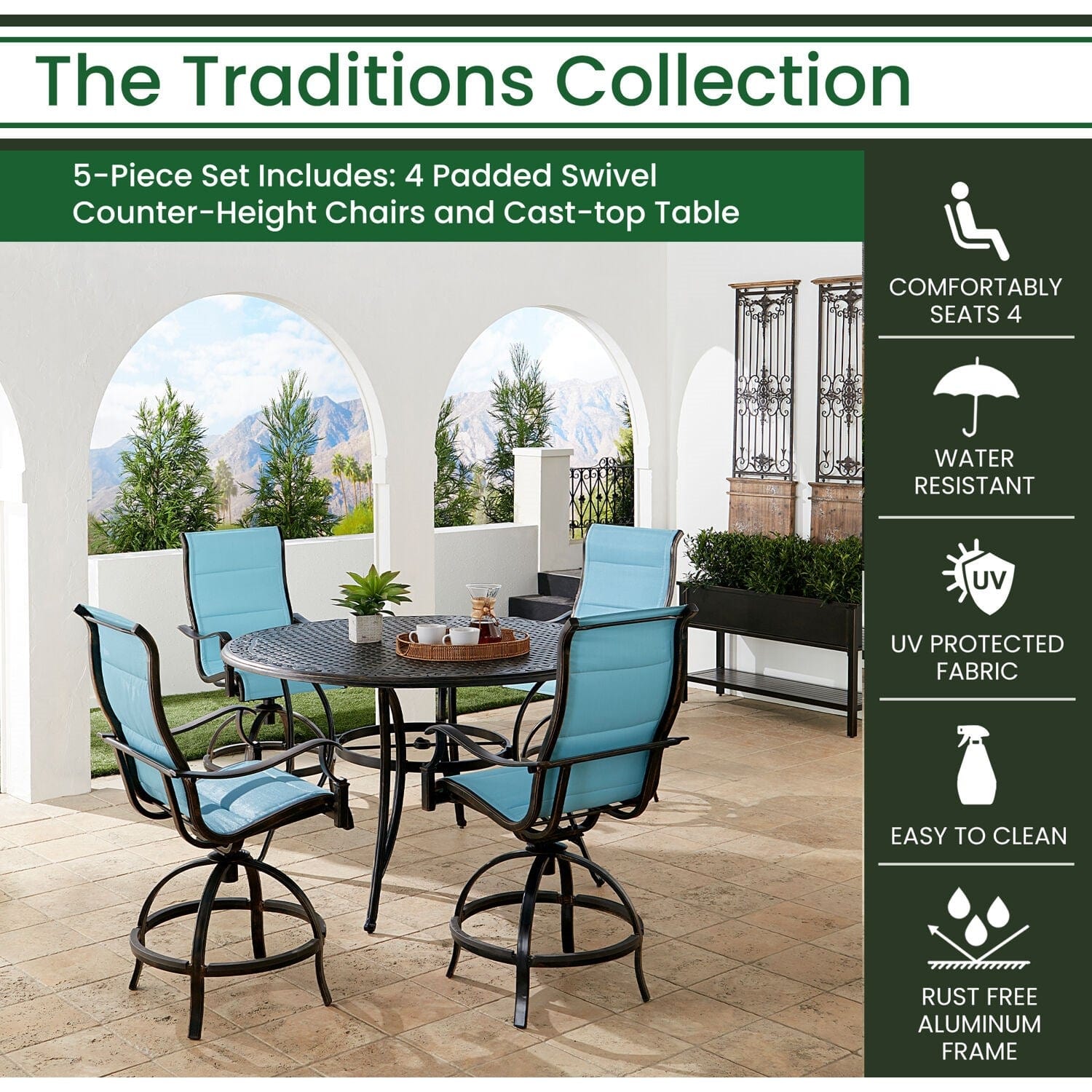 Hanover Outdoor Dining Set Hanover Traditions 5-Piece High-Dining Set in Blue with 4 Padded Swivel Counter-Height Chairs and 56-in. Cast-top Table