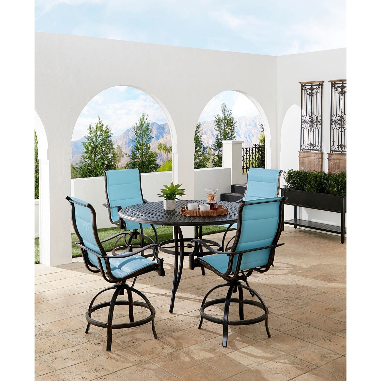 Hanover Outdoor Dining Set Hanover Traditions 5-Piece High-Dining Set in Blue with 4 Padded Swivel Counter-Height Chairs and 56-in. Cast-top Table