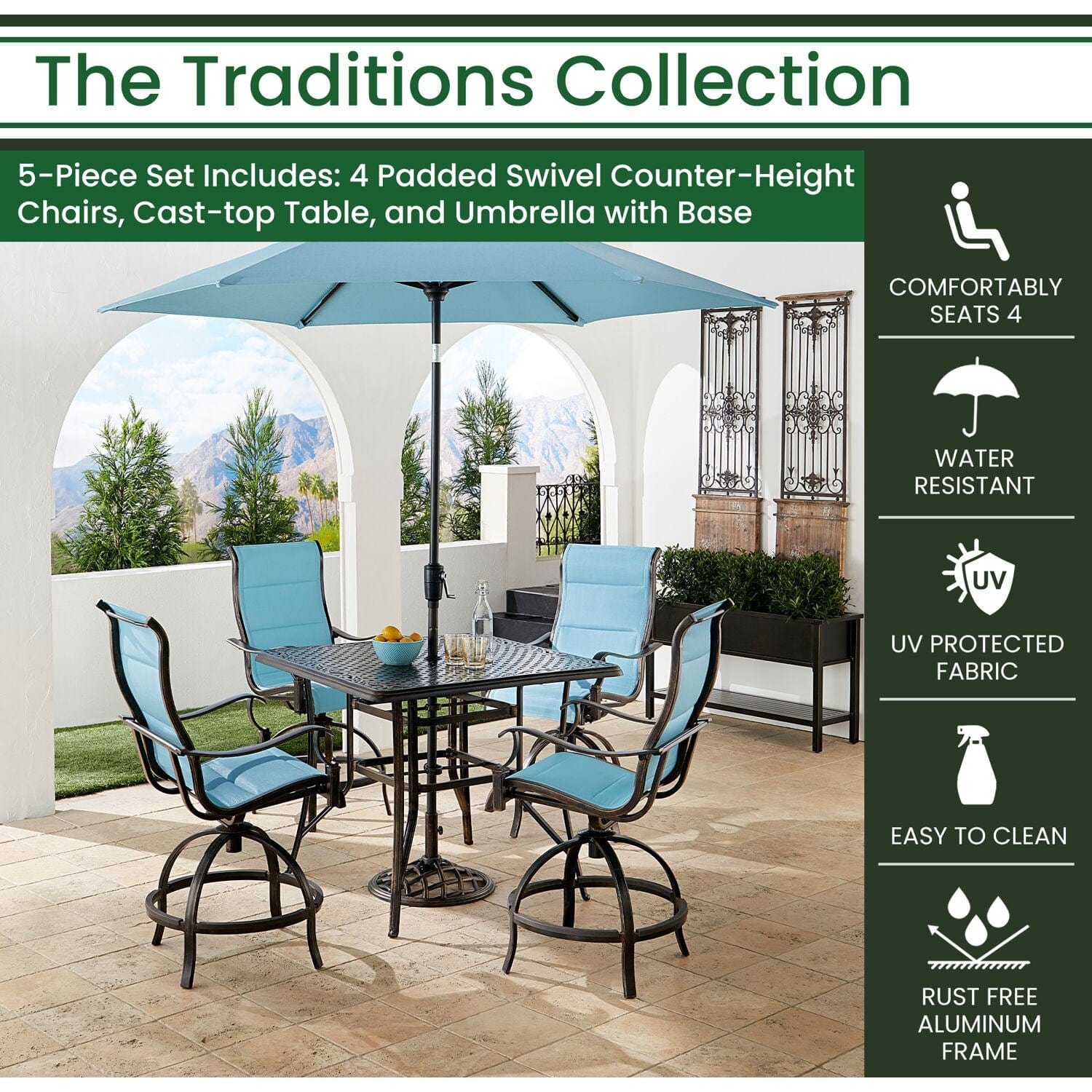 Hanover Outdoor Dining Set Hanover Traditions 5-Piece High-Dining Set in Blue with 4 Swivel Counter-Height Chairs, 42-in. Table, and 9-ft Umbrella
