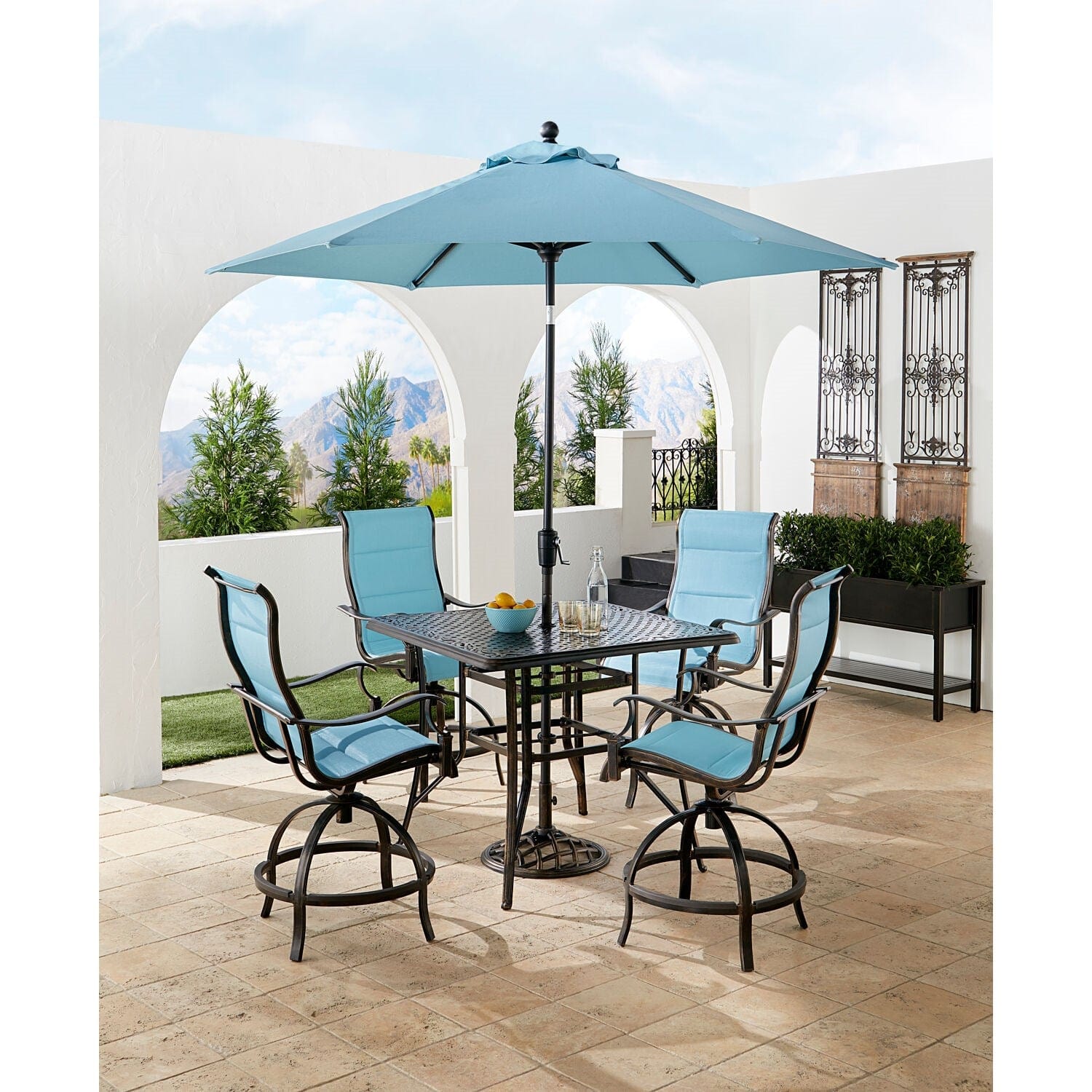 Hanover Outdoor Dining Set Hanover Traditions 5-Piece High-Dining Set in Blue with 4 Swivel Counter-Height Chairs, 42-in. Table, and 9-ft Umbrella
