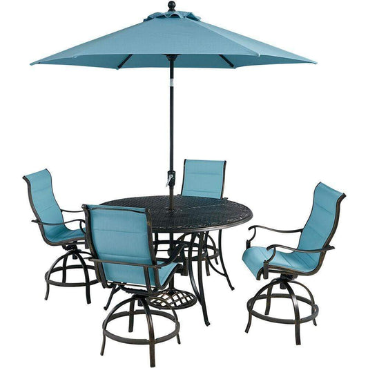 Hanover Outdoor Dining Set Hanover Traditions 5-Piece High-Dining Set in Blue with 4 Swivel Counter-Height Chairs, 56-in. Table, and 9-ft. Umbrella