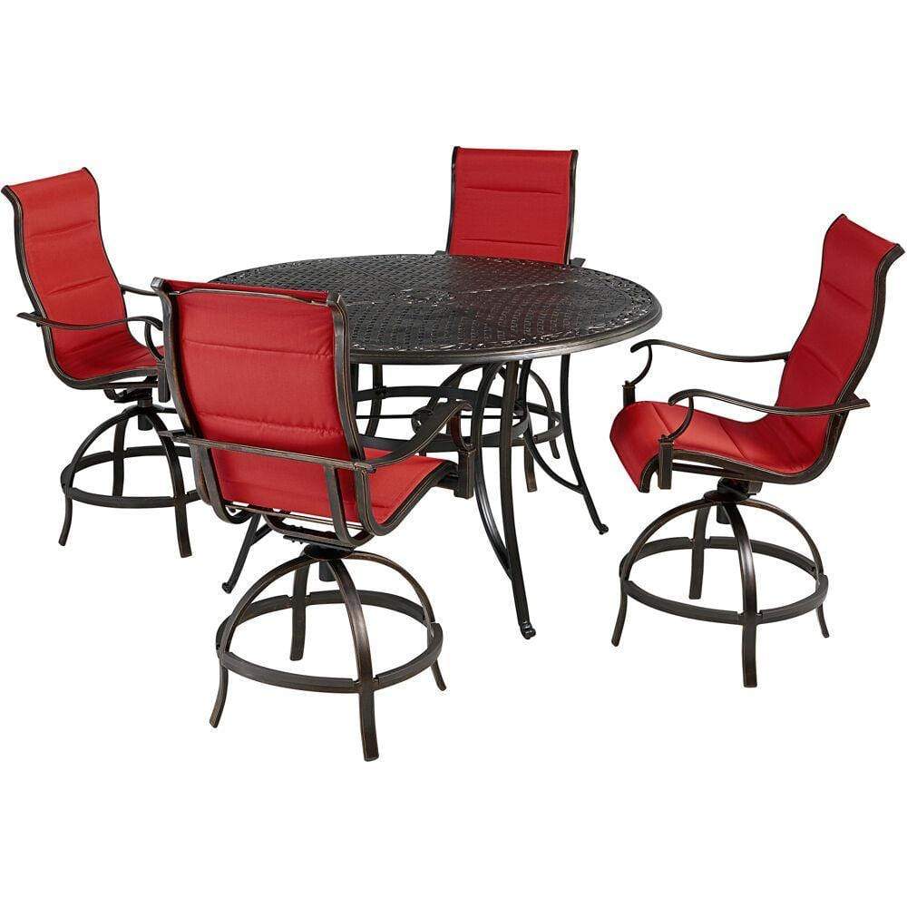 Hanover Outdoor Dining Set Hanover Traditions 5-Piece High-Dining Set in Red with 4 Padded Swivel Counter-Height Chairs and 56-in. Cast-top Table