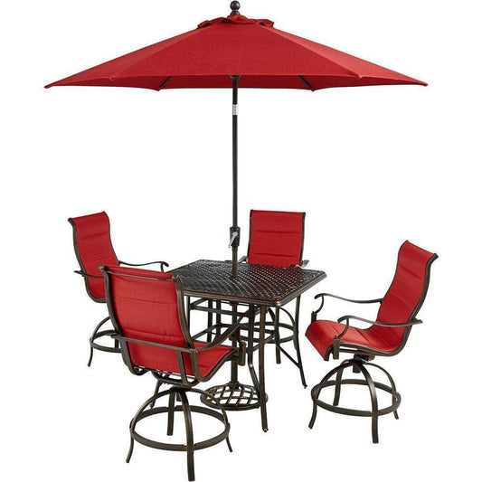 Hanover Outdoor Dining Set Hanover Traditions 5-Piece High-Dining Set in Red with 4 Swivel Counter-Height Chairs, 42-in. Table, and 9-ft Umbrella