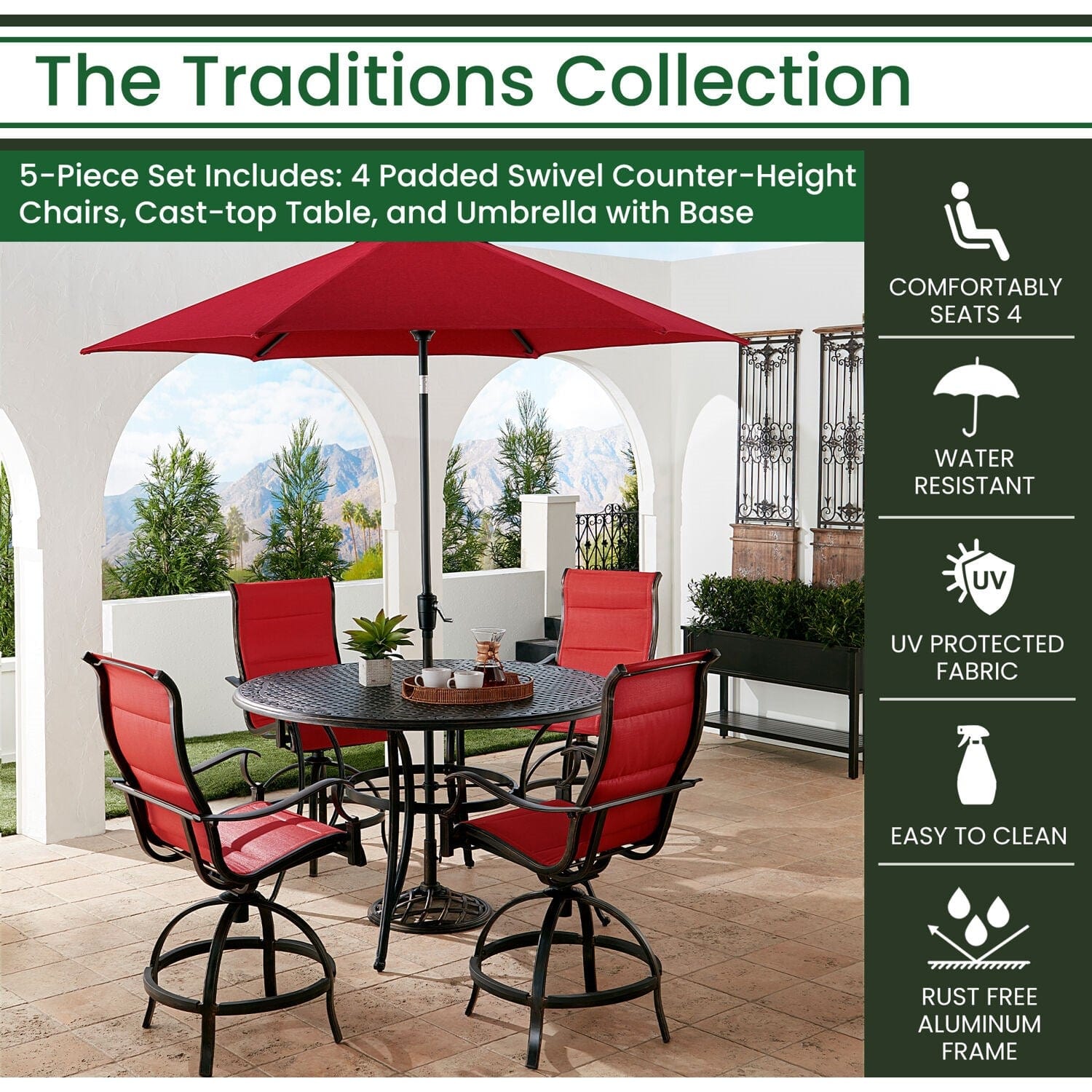 Hanover Outdoor Dining Set Hanover Traditions 5-Piece High-Dining Set in Red with 4 Swivel Counter-Height Chairs, 56-in. Table, and 9-ft. Umbrella