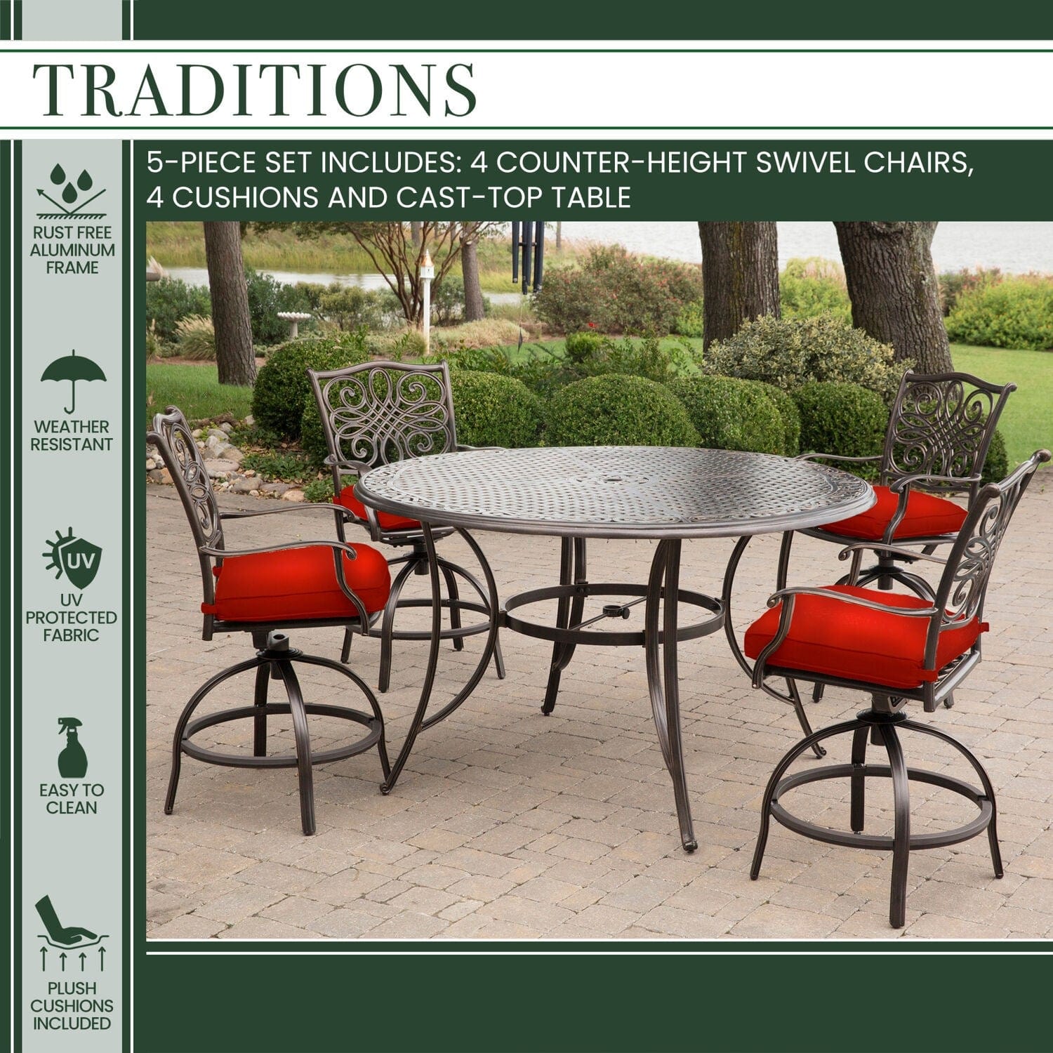 Hanover Outdoor Dining Set Hanover - Traditions 5-Piece High-Dining Set in Red with Four Swivel Chairs and a 56 In. Cast-top Table | TRADDN5PCBR-RED