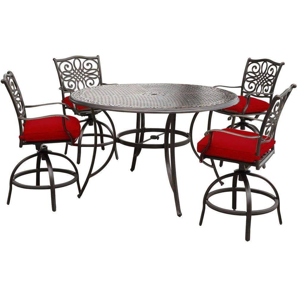 Hanover Outdoor Dining Set Hanover - Traditions 5-Piece High-Dining Set in Red with Four Swivel Chairs and a 56 In. Cast-top Table - TRADDN5PCBR-RED