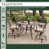 Hanover Outdoor Dining Set Hanover - Traditions 5-Piece High-Dining Set in Tan with 4 Swivel Chairs and a 56 In. Cast-top Table ||Tan/Cast |TRADDN5PCBR