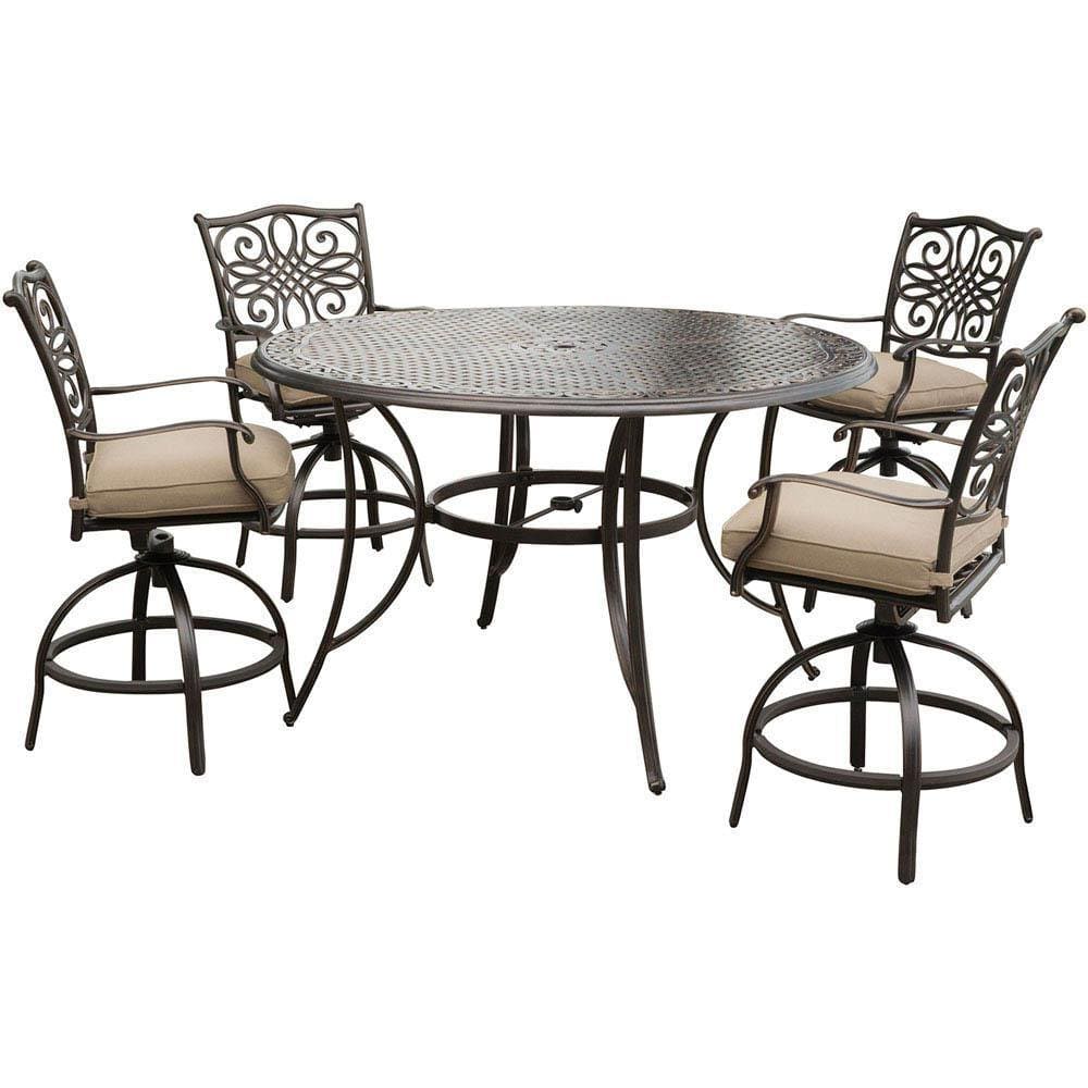 Hanover Outdoor Dining Set Hanover - Traditions 5-Piece High-Dining Set in Tan with 4 Swivel Chairs and a 56 In. Cast-top Table - TRADDN5PCBR
